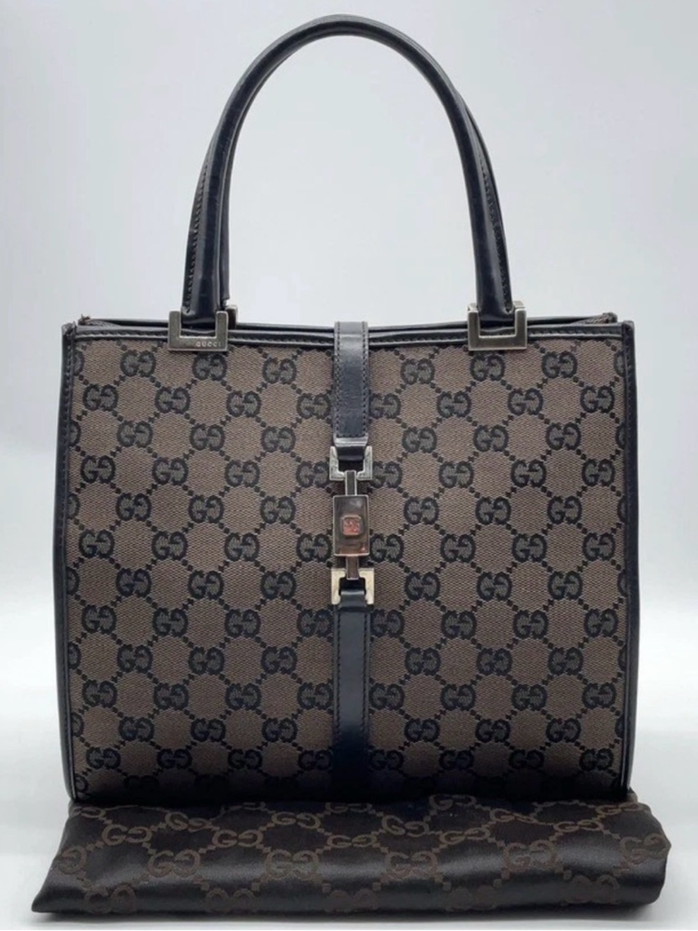 Authentic Gucci Jackie GG Canvas Leather Black Hand Bag w/Dustbag